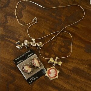 Gold Cameo Necklace and Bow Earrings Set